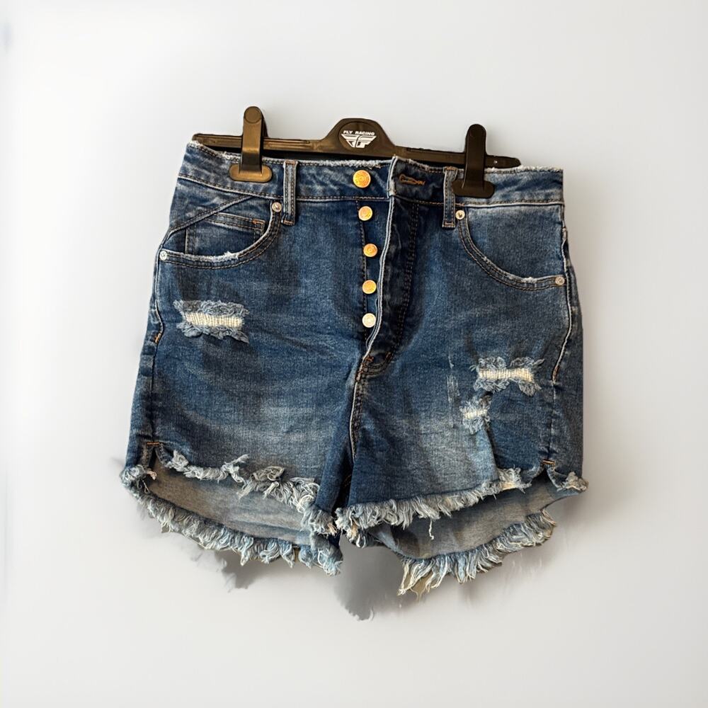 We The Free Free People CRVY High Rise Distressed Denim Shorts Blue 28